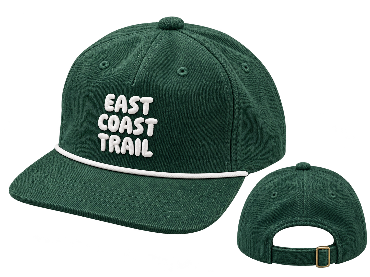 Front and rear views of the forest-green East Coast Trail corduroy cap with white embroidery and rope detail