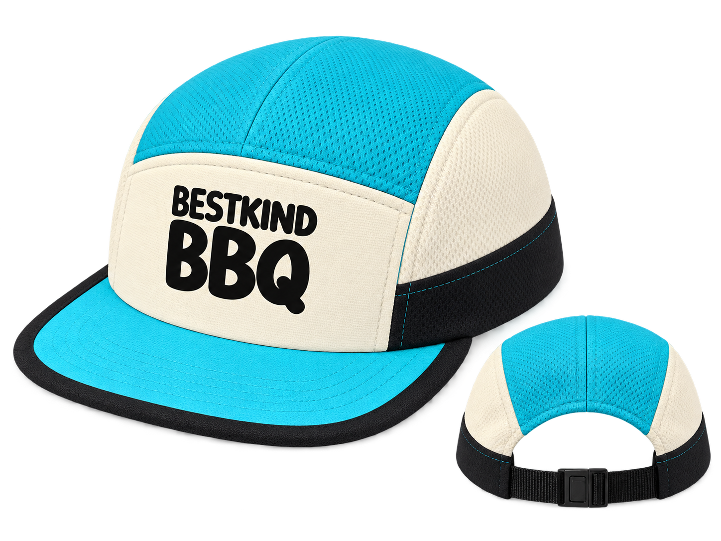 Front and rear views of the turquoise, cream and black Best Kind BBQ five-panel cap with a raised silicone patch