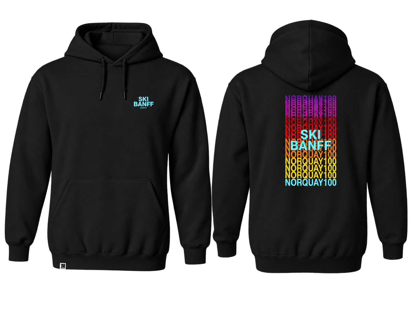 Front and back views of the black Ski Banff Norquay 100 hoodie with a cyan chest graphic and a rainbow back print