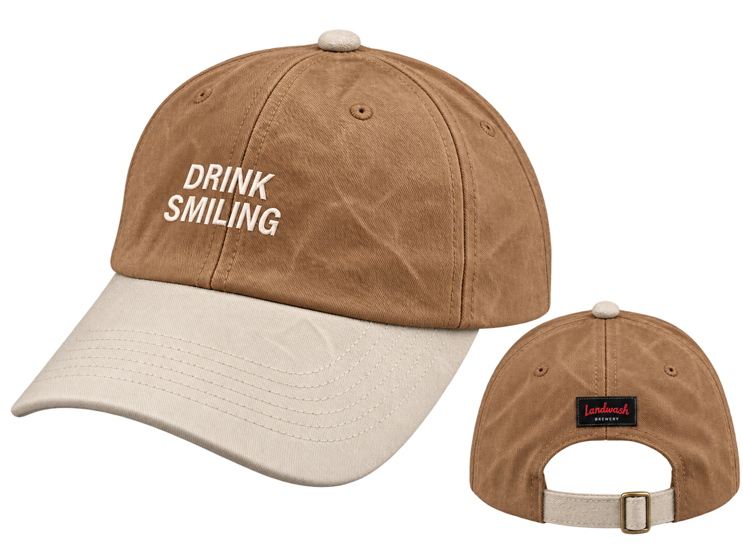 Front and rear views of the tan and cream Landwash Drink Smiling cap